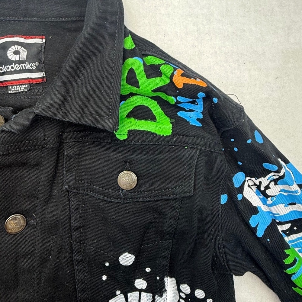 Akademiks Jean Jacket Black Y2K Graffiti Denim Jacket Street Size L 14/16 - Picture 11 of 14